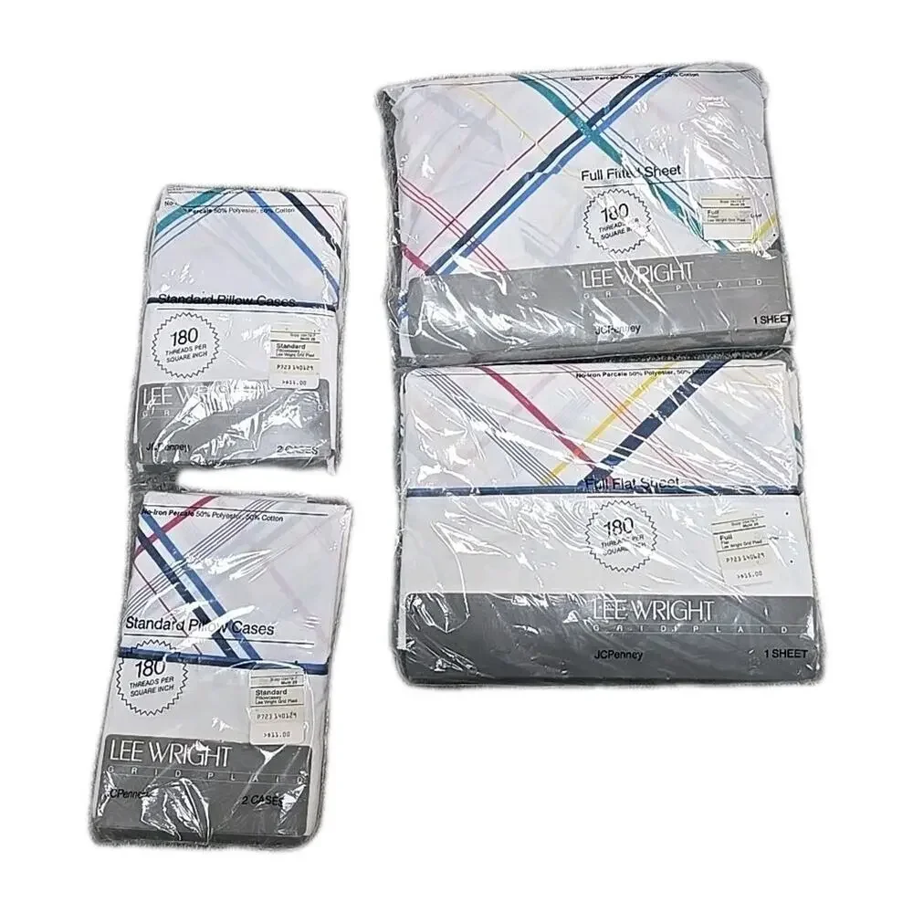 NEW Lot of 4 JC Penney Lee Wright Grid Plaid Flat Fitted Sheet & Pillowcase Set‎